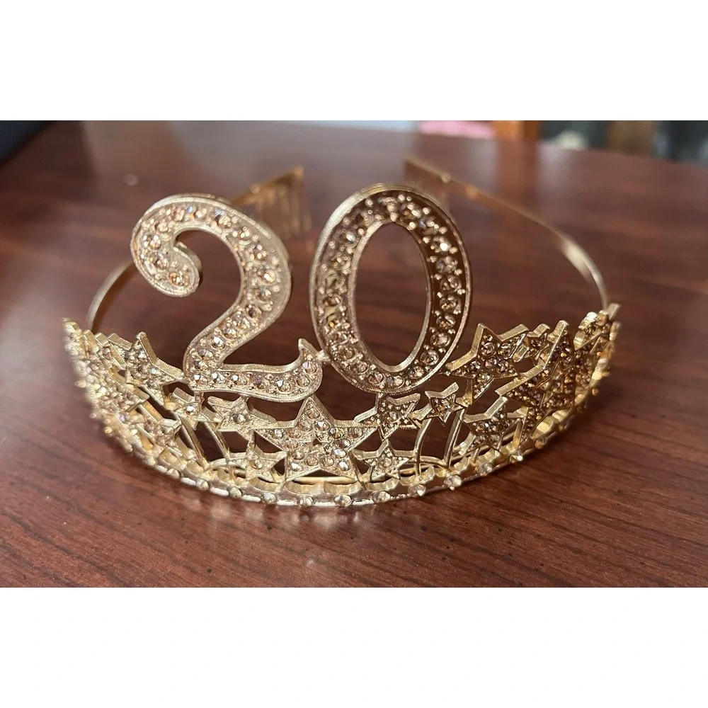 20 Year Birthday Work Anniversary Celebrate Crown Gold Tone‎ Rhinestone & Stars
